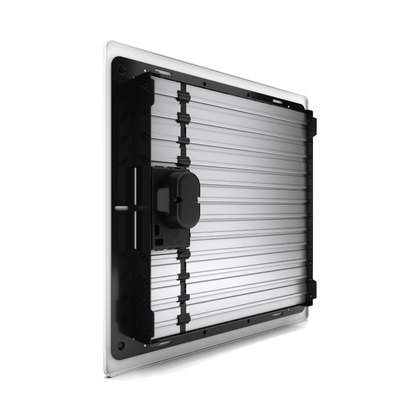 Flair Smart Vent 12x12 back skewed image showing closed vent louvers and battery compartment.